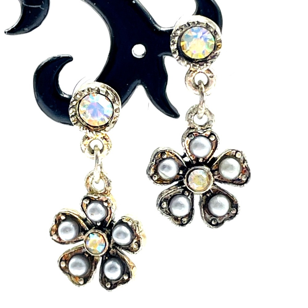 Worthington Silver Tone Faux Pearl Rhinestone Dangle Earrings Floral Vintage